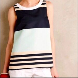Anthropologie Troubadour Stripes Split Back Zip Top Round Neck Mint Black Size 6